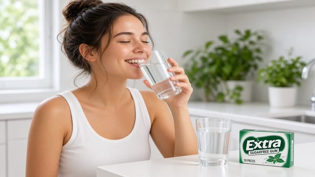 Smiling woman drinking a glass of water in a bright kitchen, with a second glass and a pack of sugar-free gum on the counter, illustrating hydration for fresh breath.