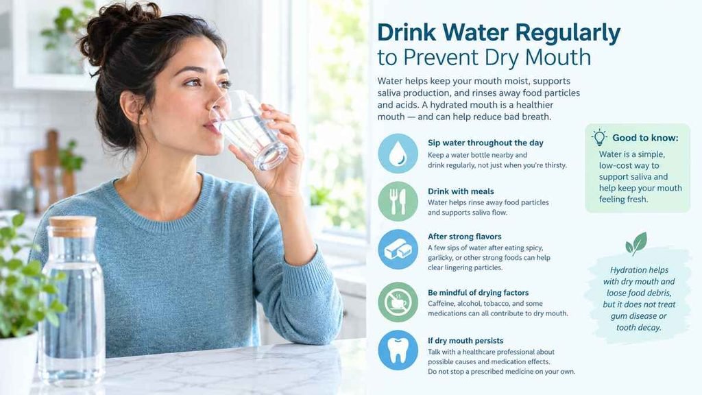 Woman drinking water with an infographic explaining how hydration helps prevent dry mouth and bad breath.