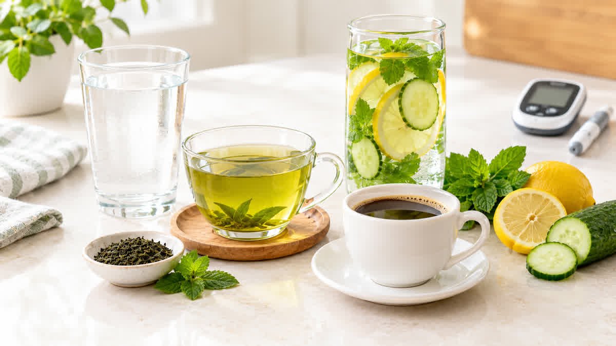 Water, unsweetened green tea, and black coffee representing low-sugar beverage choices for blood sugar management.