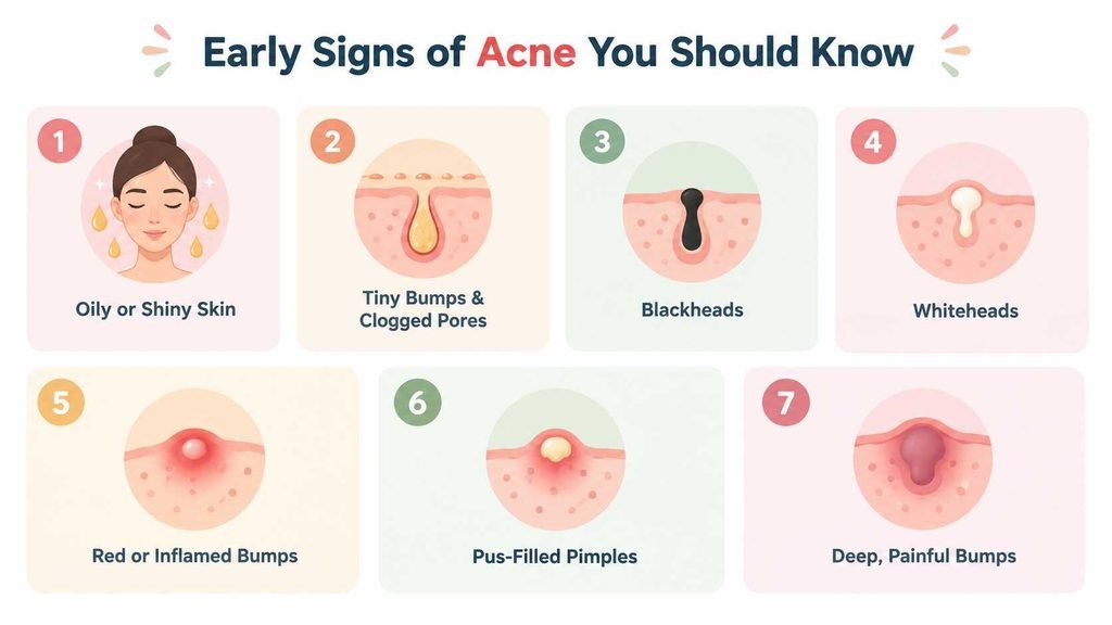 7 early signs of acne — oily skin, blackheads, whiteheads, red bumps, and more.