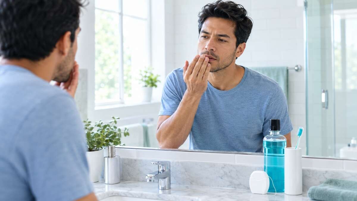 Person checking their breath in a bathroom mirror with oral hygiene items nearby — early signs of bad breath and symptoms to look for.