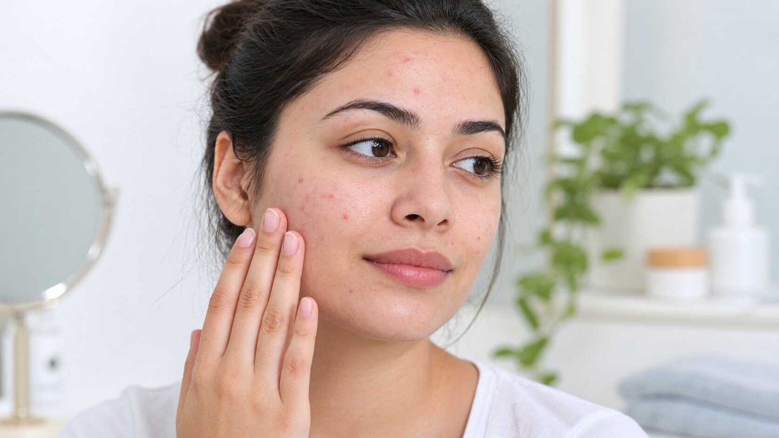 Early signs of acne, including small pimples and visible blemishes on facial skin.