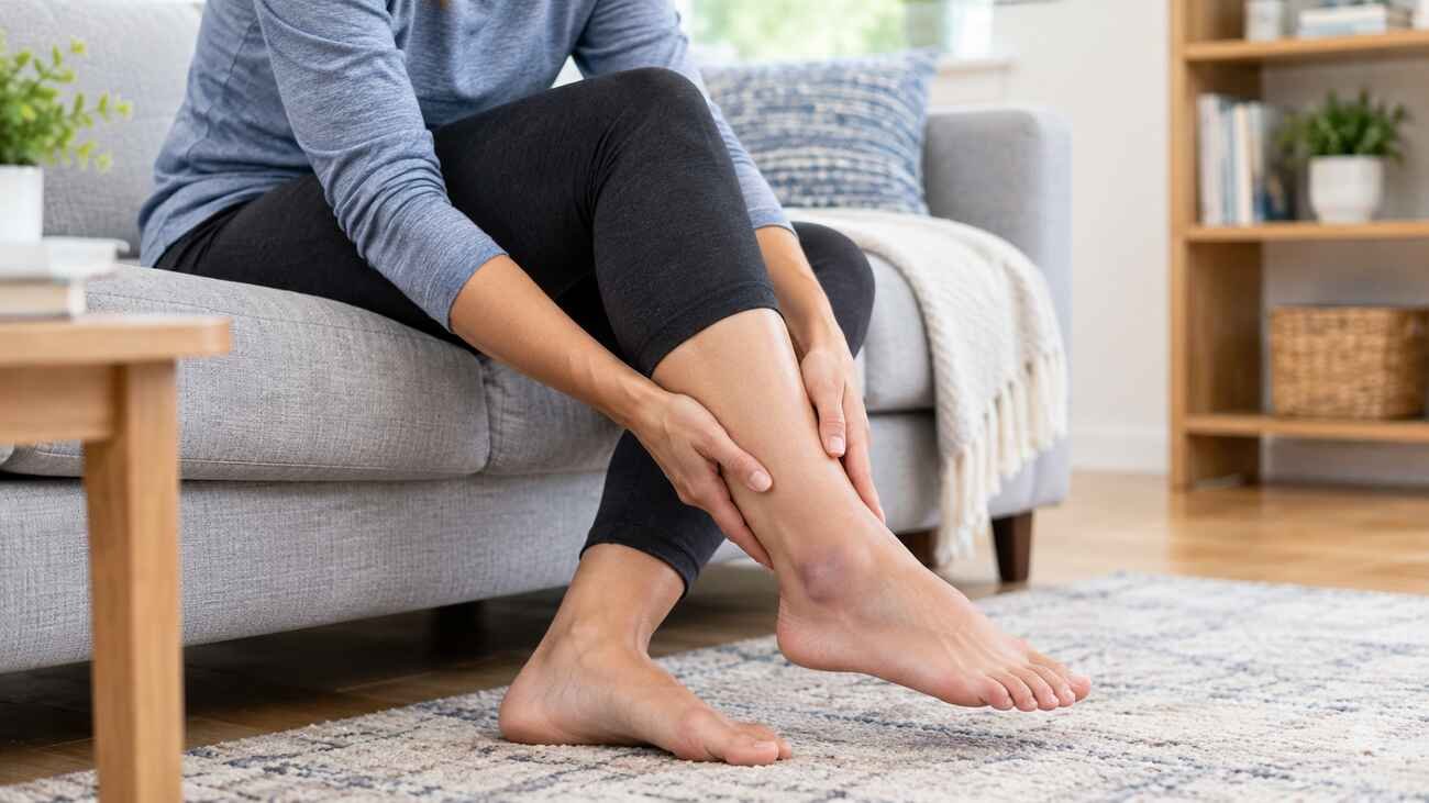Adult gently supporting an injured ankle while seated at home