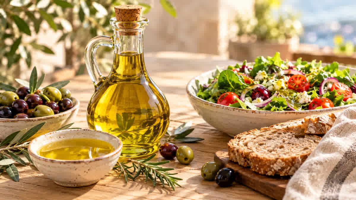 Extra virgin olive oil in a glass cruet with fresh olives and olive branches