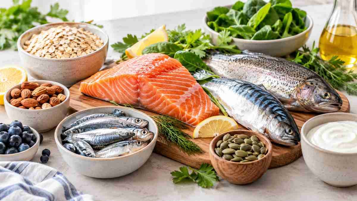 Fatty fish including salmon, sardines, mackerel, and trout