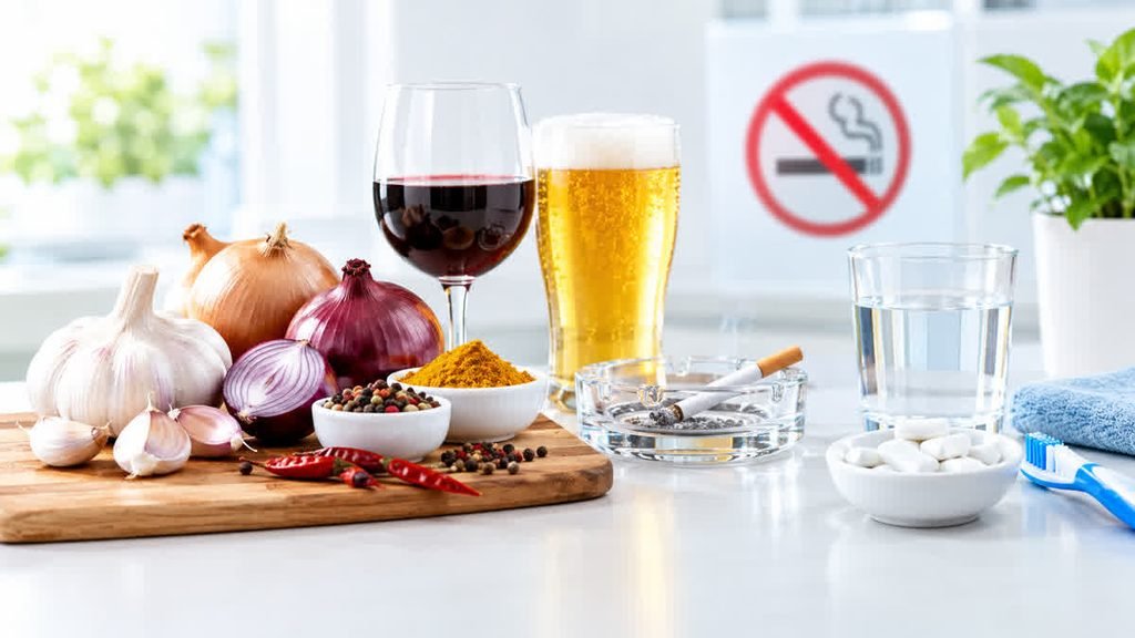 Garlic, onions, spices, alcoholic drinks, and tobacco alongside water, sugar-free gum, and a toothbrush to illustrate foods and habits that affect bad breath.
