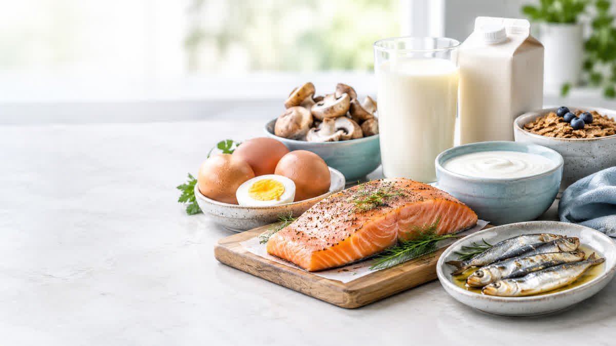 Foods high in vitamin D including salmon, eggs, mushrooms, and fortified milk.