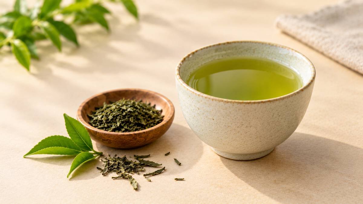 A cup of freshly brewed green tea with loose green tea leaves