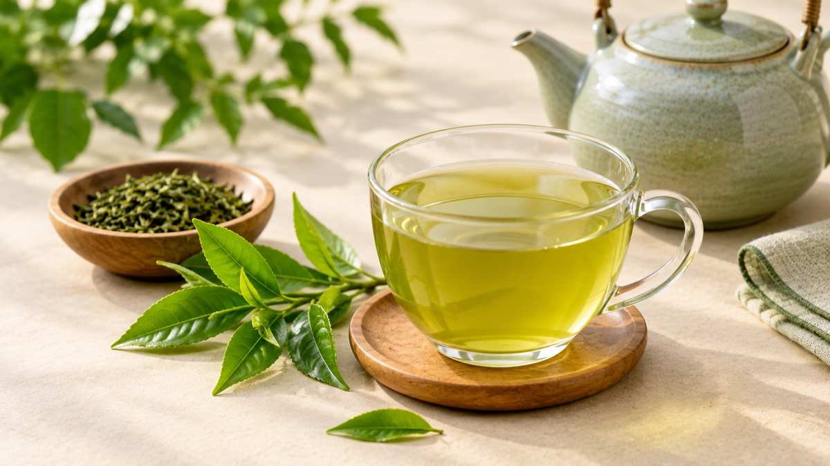 A cup of freshly brewed green tea with green tea leaves