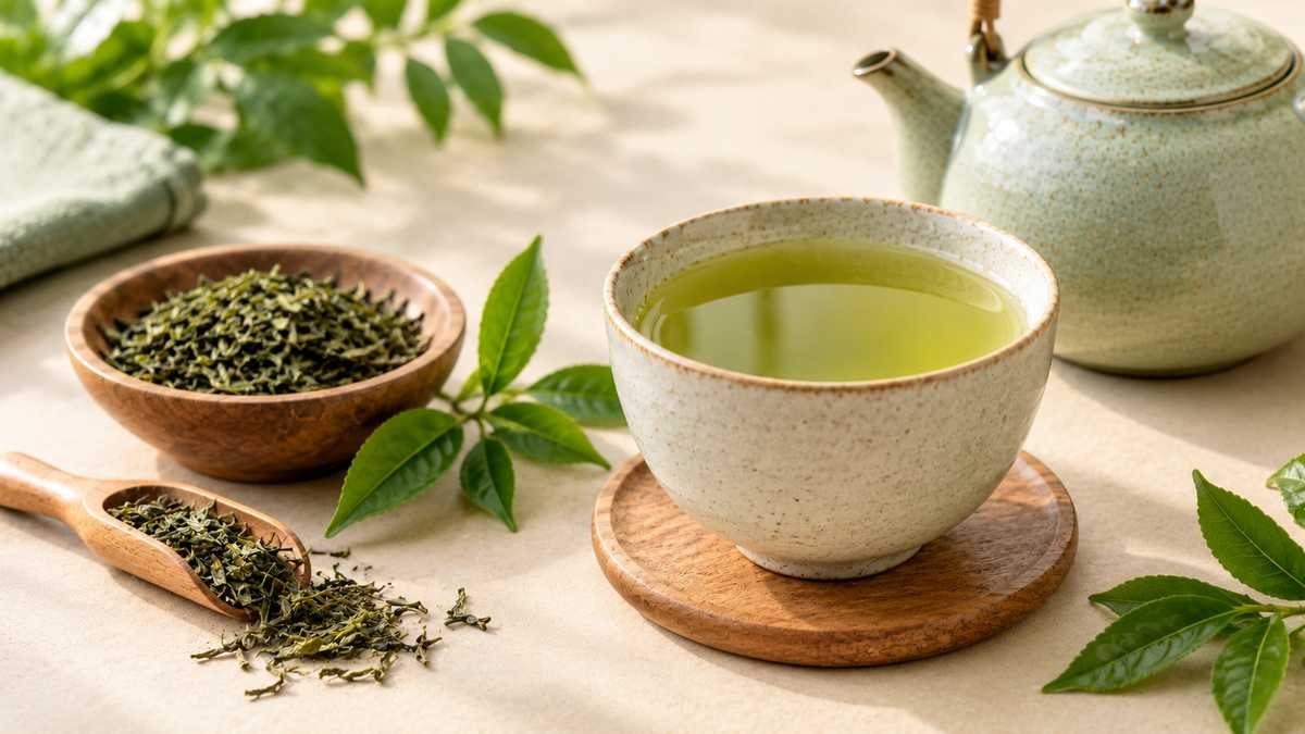 A cup of freshly brewed green tea with loose green tea leaves