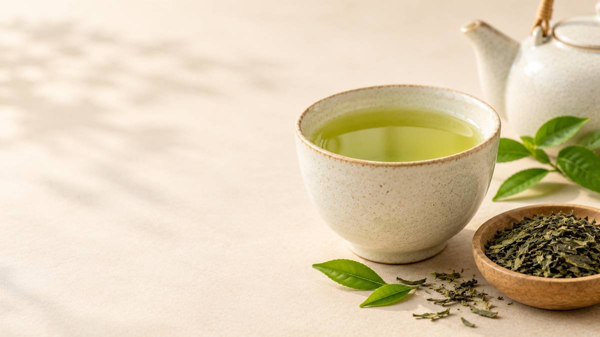 A cup of freshly brewed green tea with loose green tea leaves