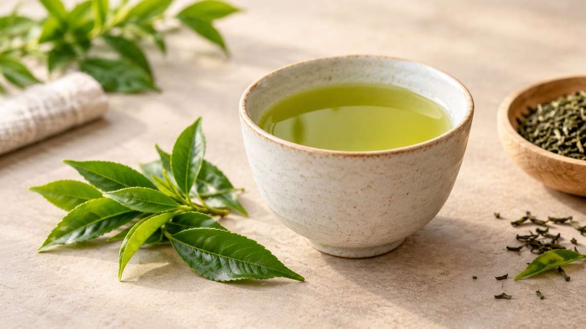 Cup of green tea with fresh tea leaves on a neutral surface.