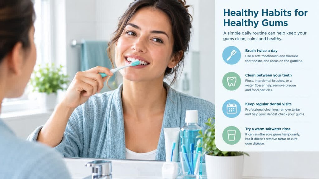Person brushing gently along the gumline to help remove plaque