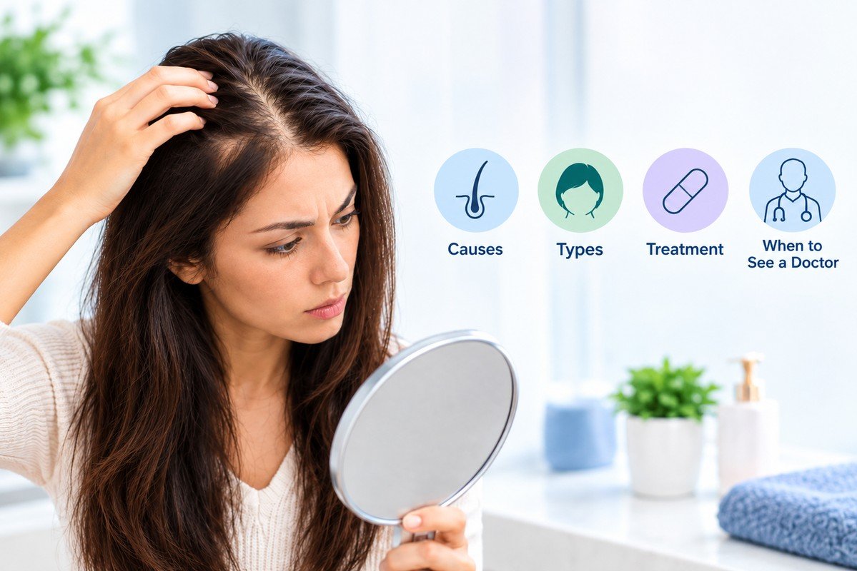 Person with thinning hair and visible scalp showing signs of hair loss