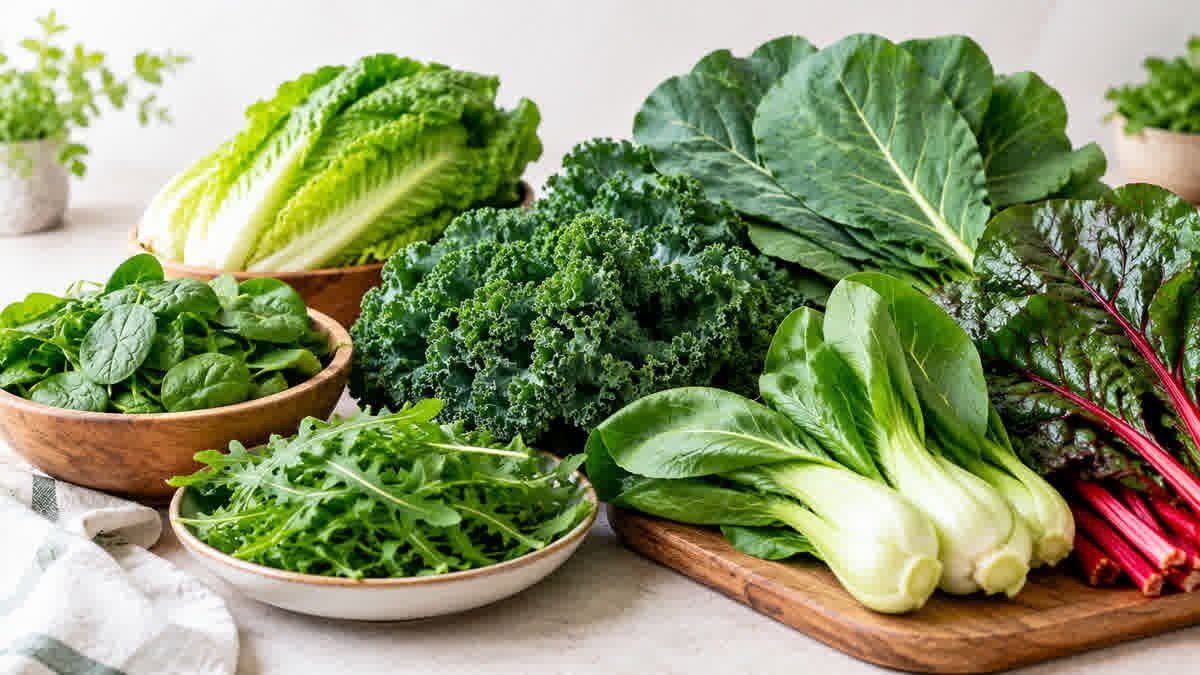 A variety of leafy green vegetables including spinach, kale, romaine lettuce, Swiss chard, and bok choy.