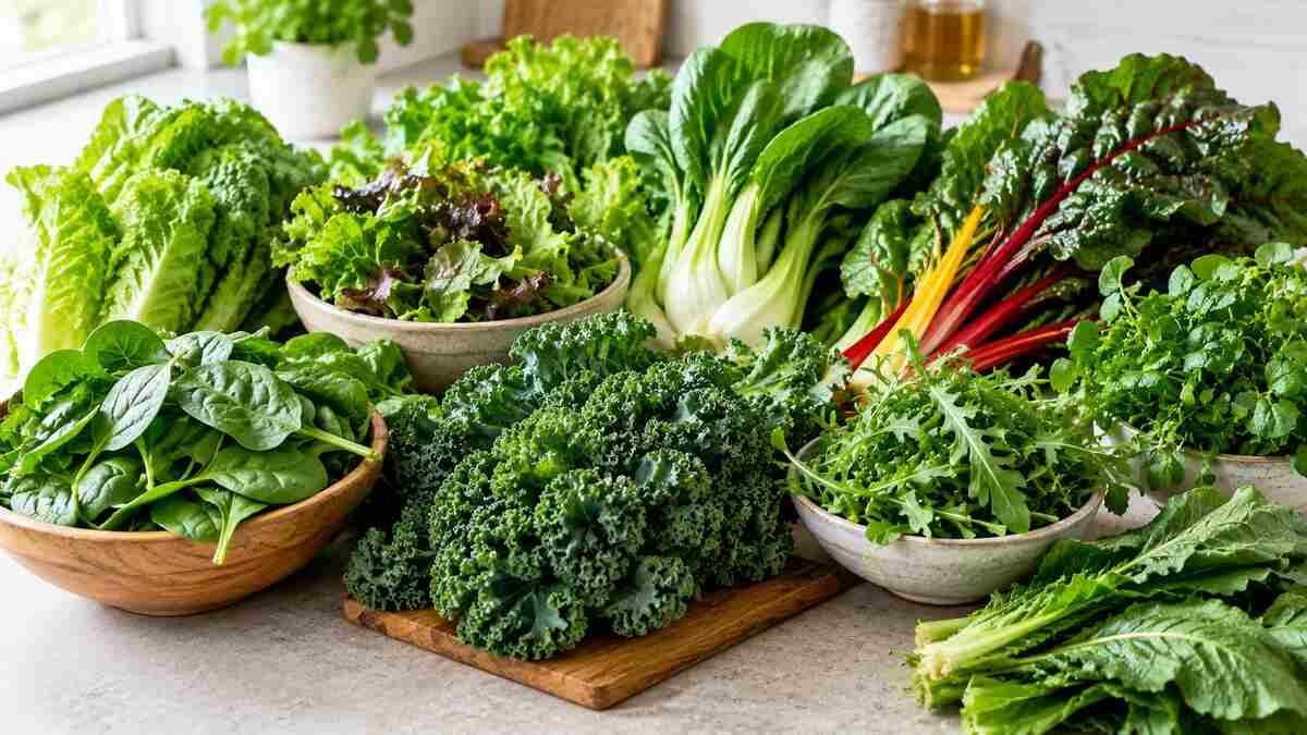 Fresh leafy green vegetables including spinach, kale, bok choy, lettuce, Swiss chard, and arugula arranged on a kitchen countertop.