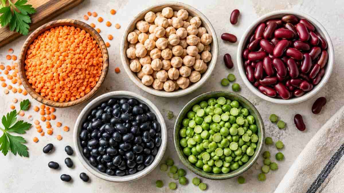 Assorted legumes including lentils, chickpeas, kidney beans, black beans, and peas