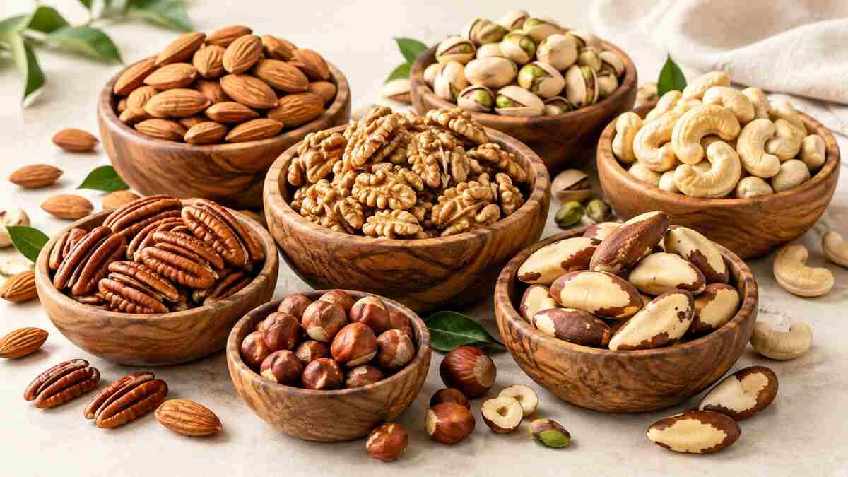 Assorted healthy nuts including almonds, walnuts, pistachios, cashews, and pecans.