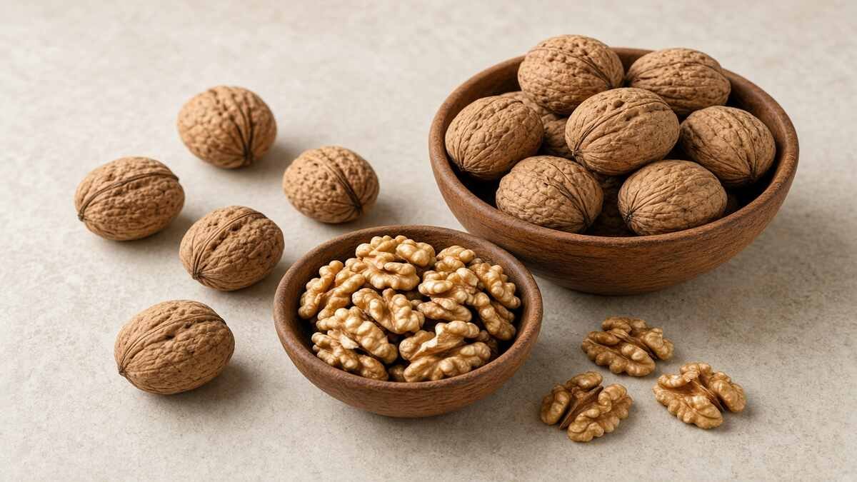 Fresh walnuts and walnut halves illustrating their nutritional benefits.