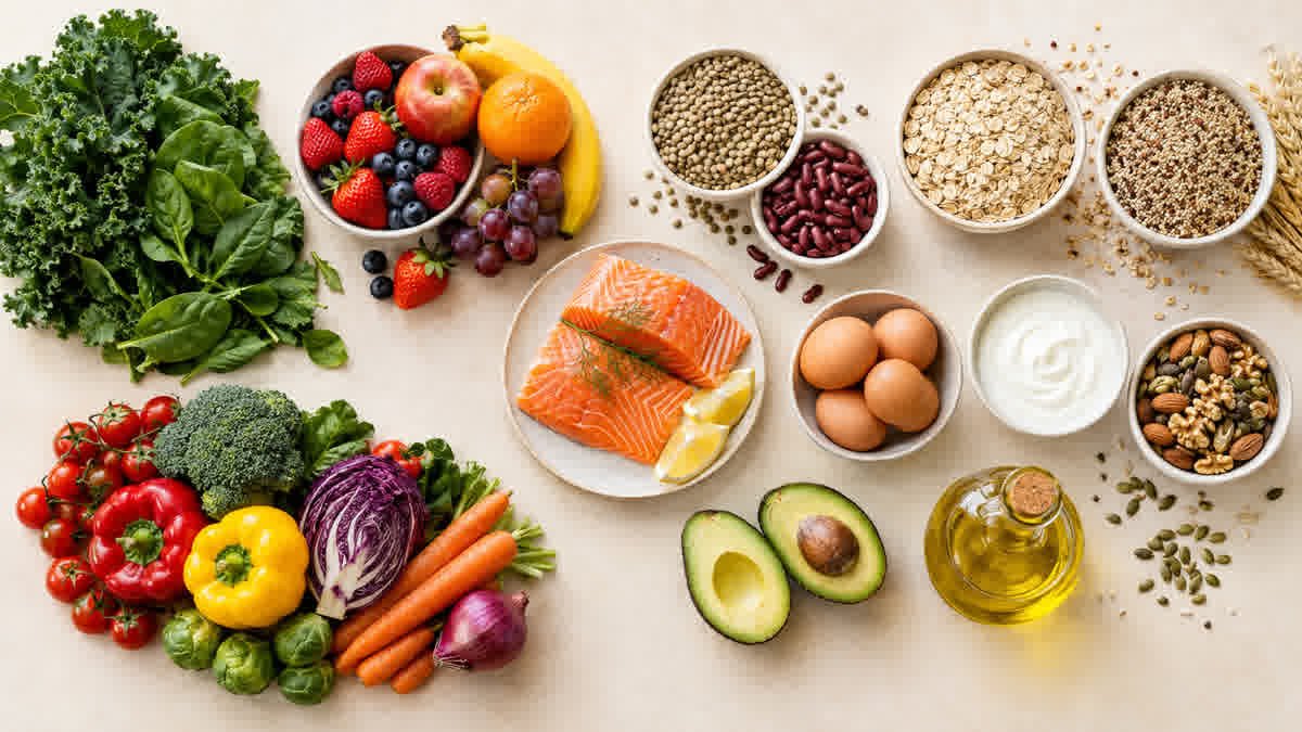 Colorful assortment of healthy foods, including leafy greens, fruits, vegetables, whole grains, fish, eggs, nuts, and seeds