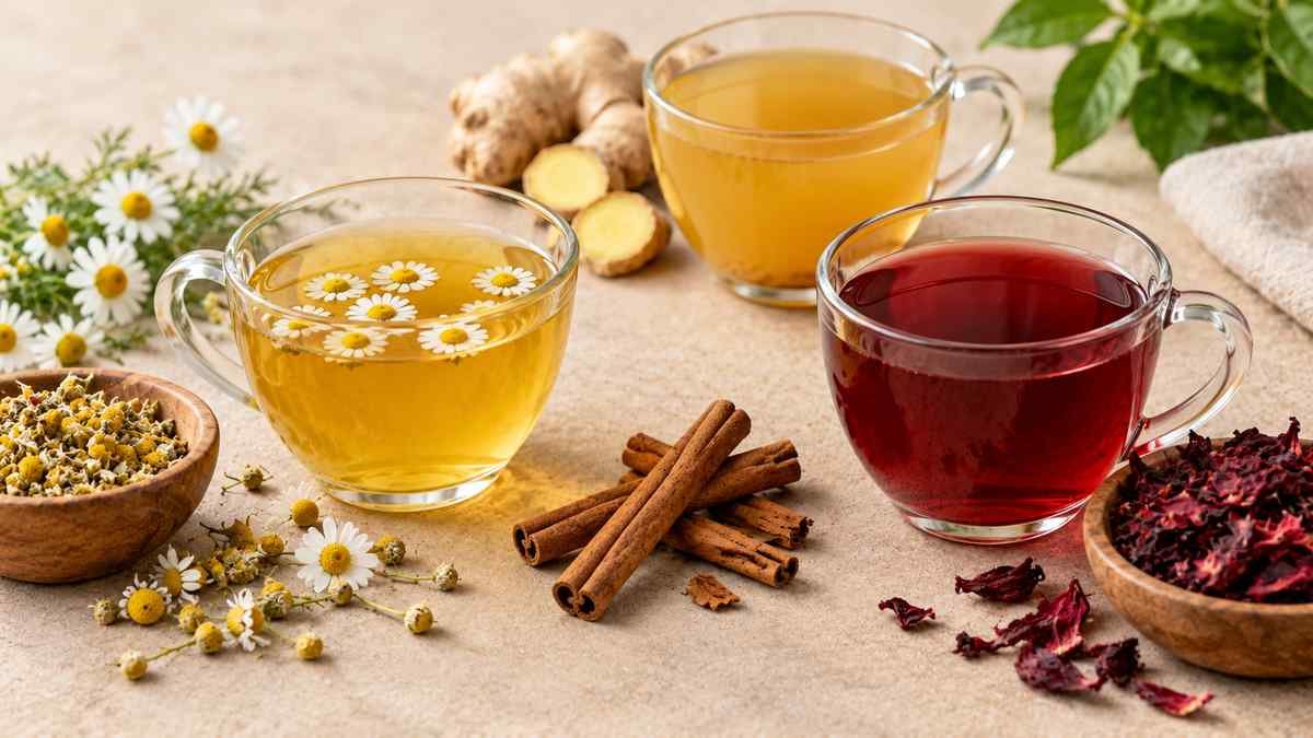 Cups of herbal tea with chamomile flowers, ginger, cinnamon, and hibiscus petals.