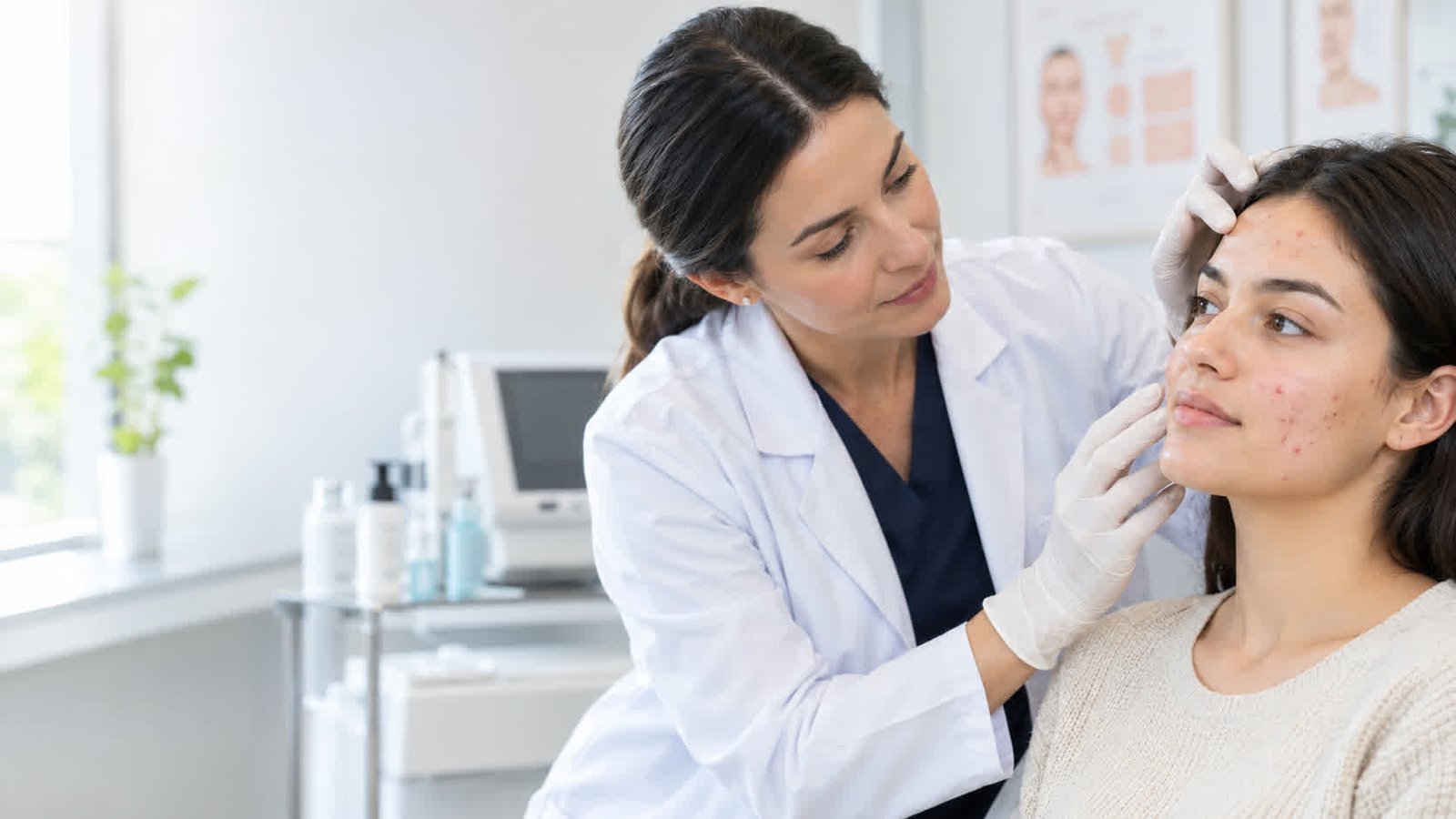 Dermatologist examining a patient's skin to assess acne during a clinical consultation.