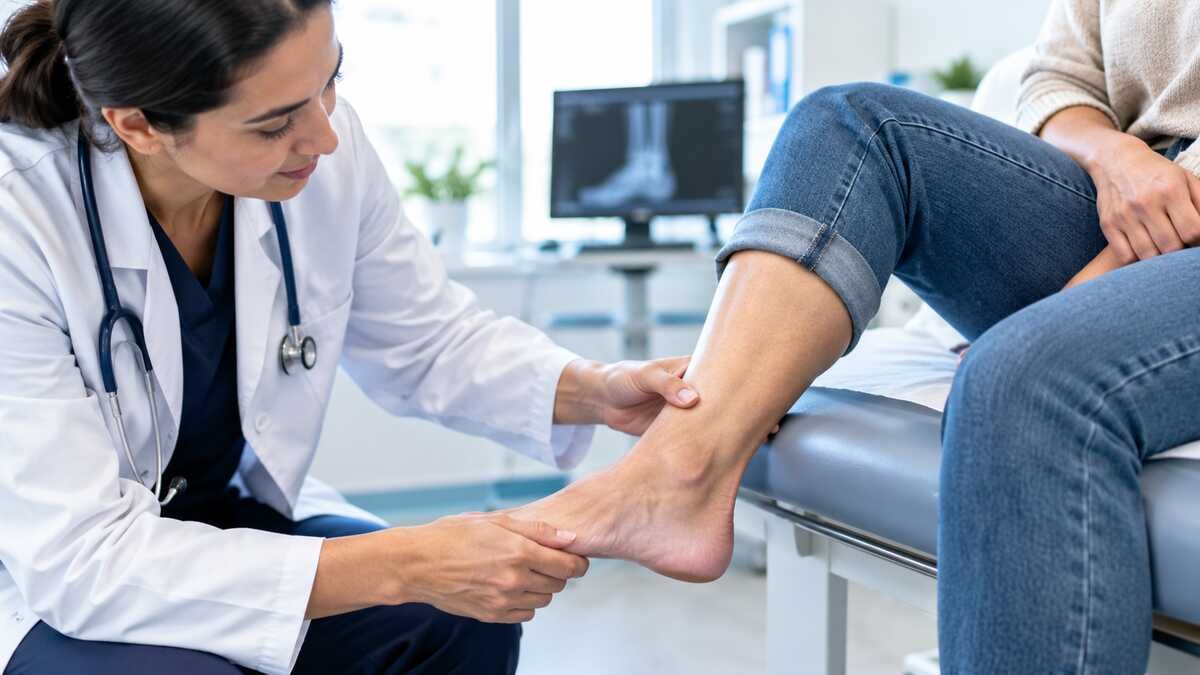 Healthcare professional examining an adult’s ankle after a possible sprain