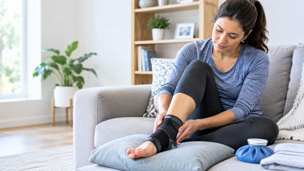 Adult gently supporting an injured ankle while resting at home