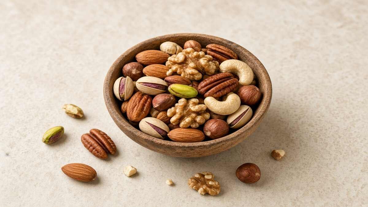 A small bowl of mixed nuts including almonds, walnuts, cashews, and pistachios.