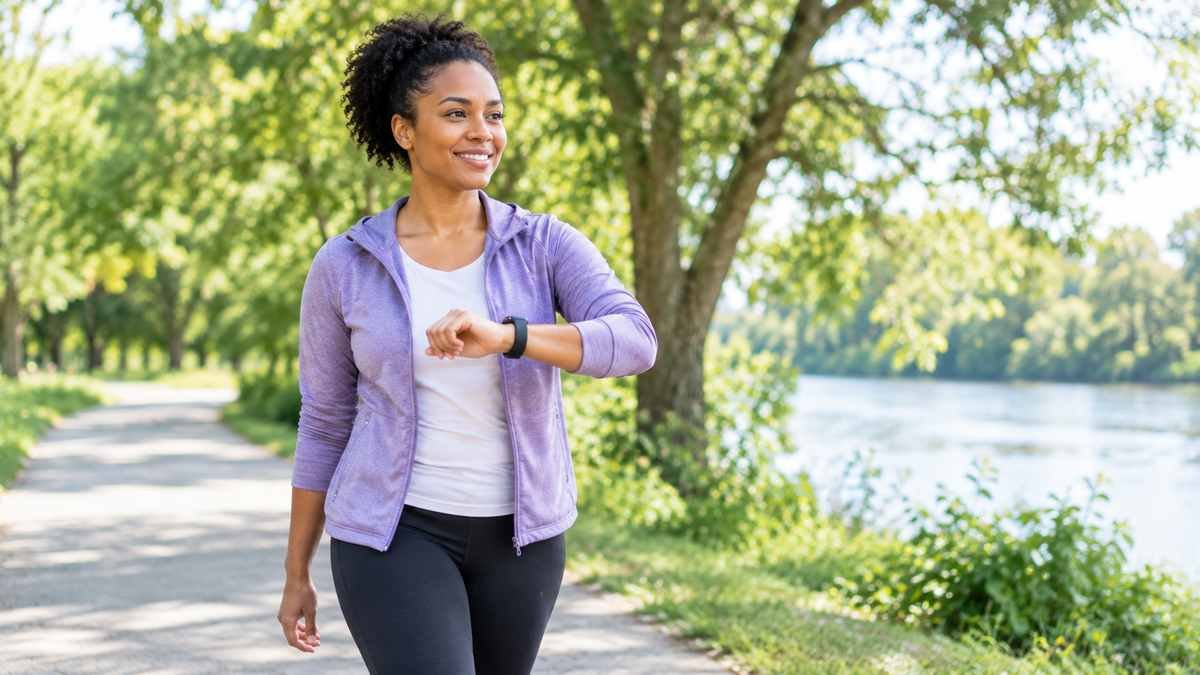 Adult walking outdoors while tracking daily steps