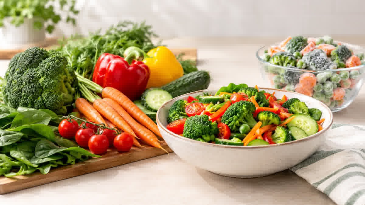 Colorful fresh vegetables including broccoli, carrots, tomatoes, spinach, bell peppers, and cucumbers alongside a bowl of mixed vegetables.