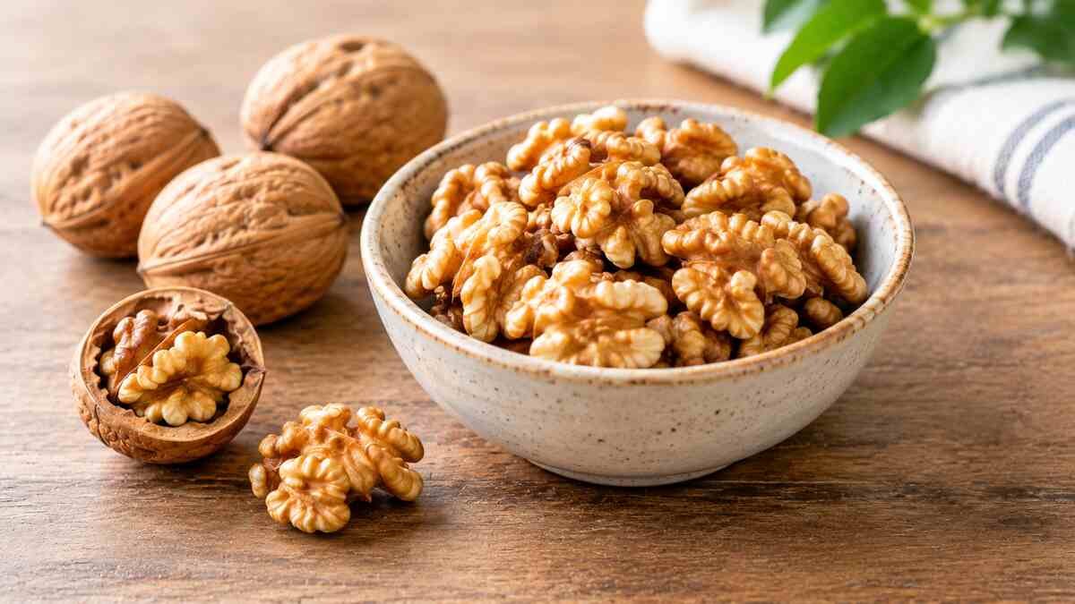 A small serving of whole walnuts and walnut halves in a bowl illustrating a typical daily walnut portion.