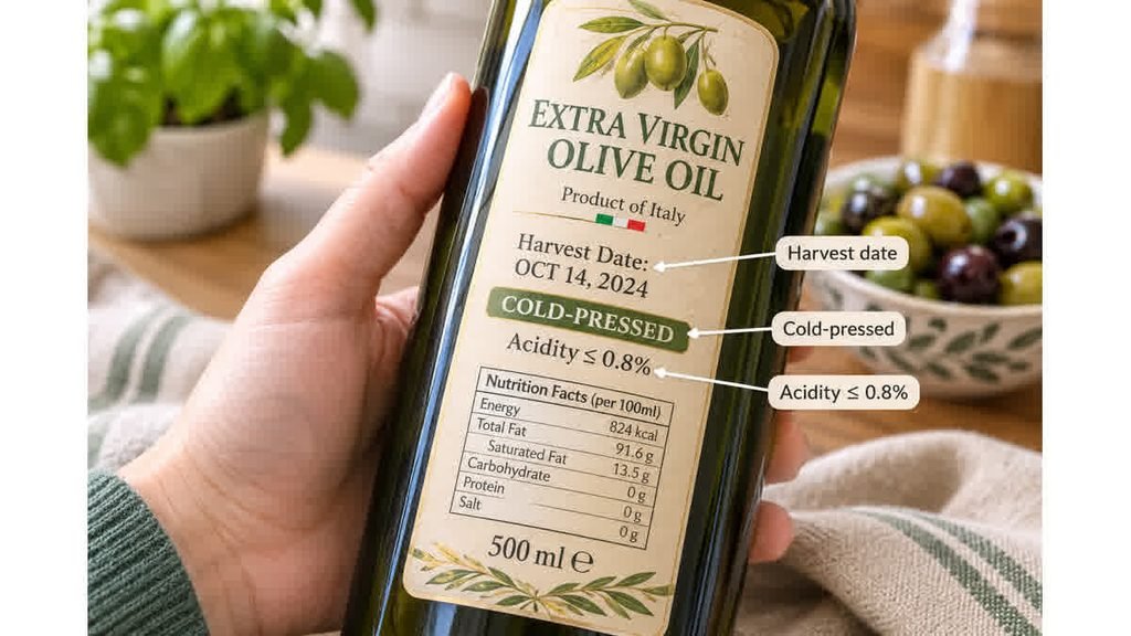 Close-up of an extra virgin olive oil bottle label showing harvest date, cold-pressed wording, and acidity level