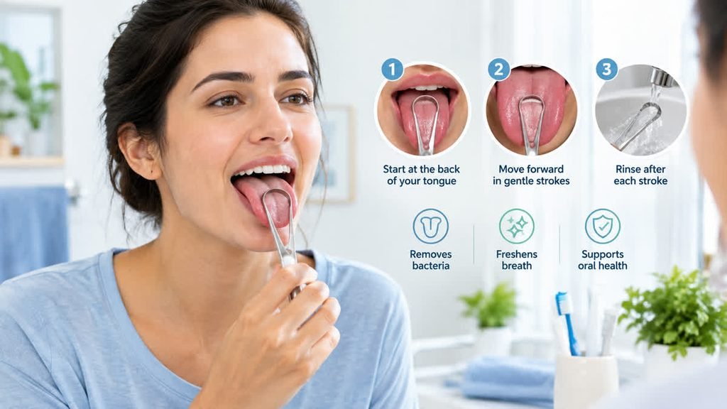 Woman using a tongue scraper with illustrated steps for gentle tongue cleaning to help reduce bad breath.