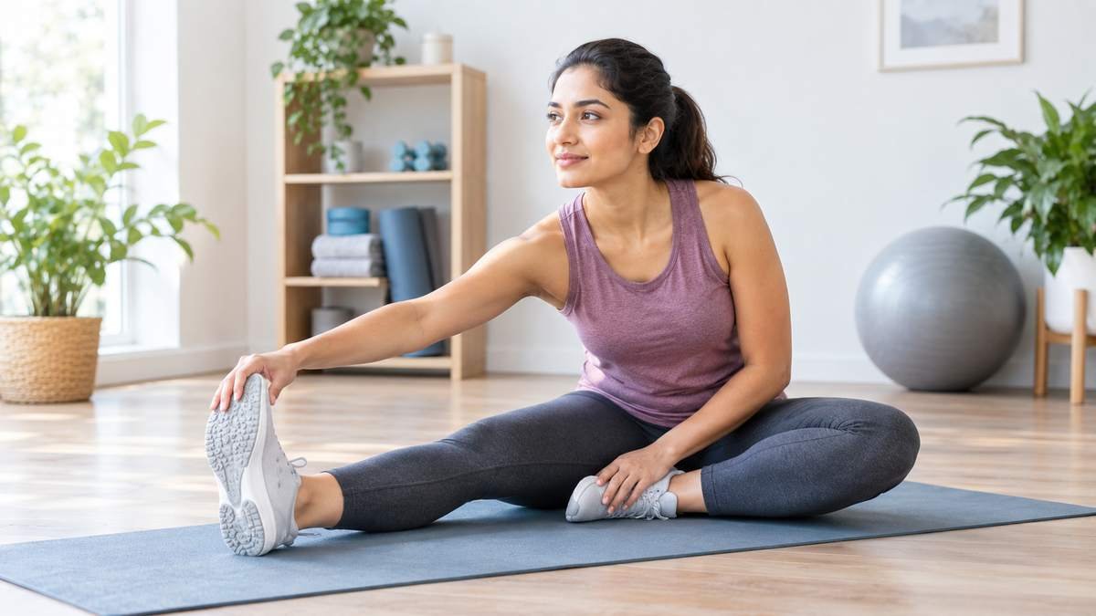 Adult performing a gentle stretching exercise to improve flexibility