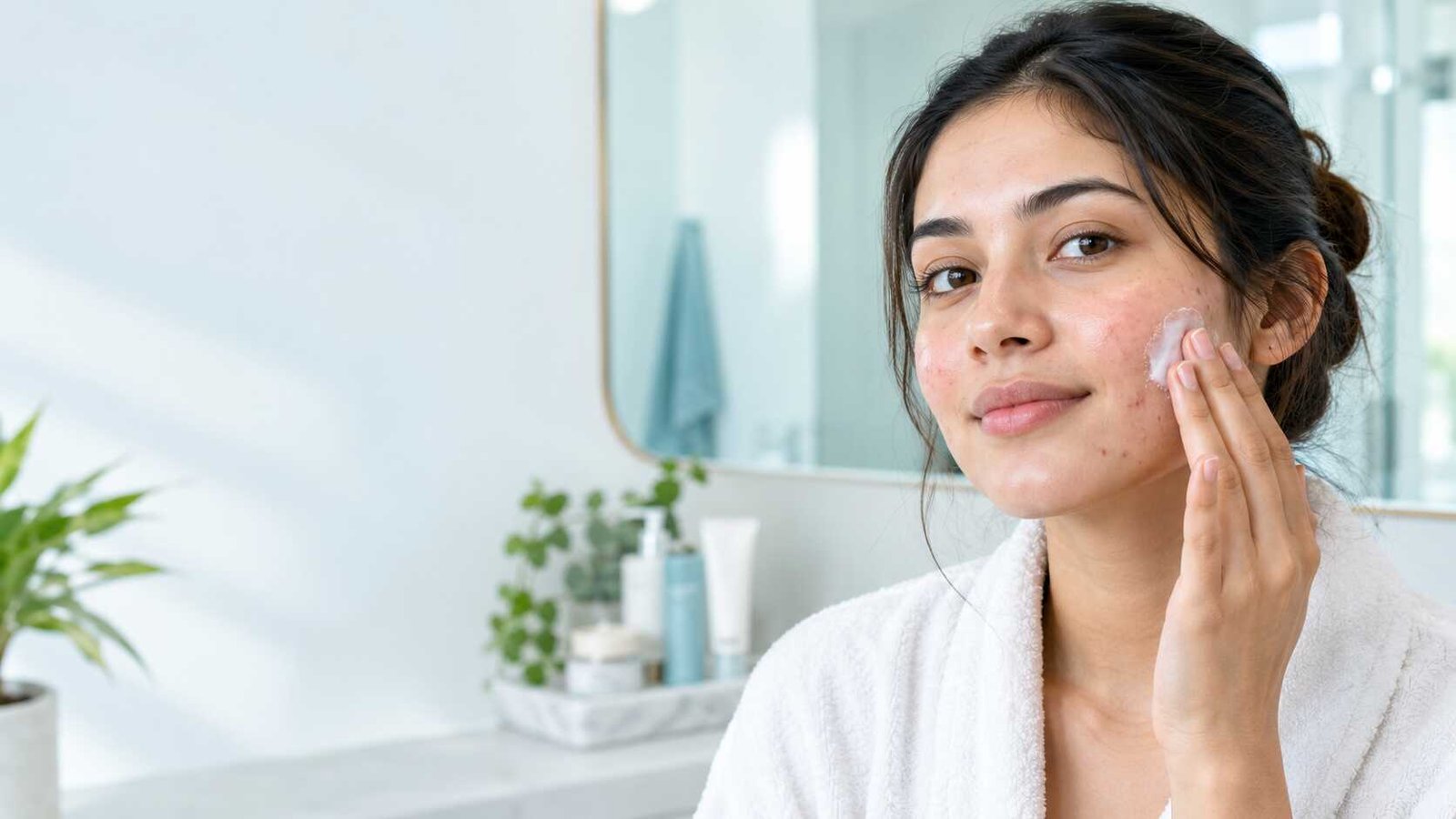 Young woman gently applying moisturizer to acne-prone skin as part of a home skincare routine.