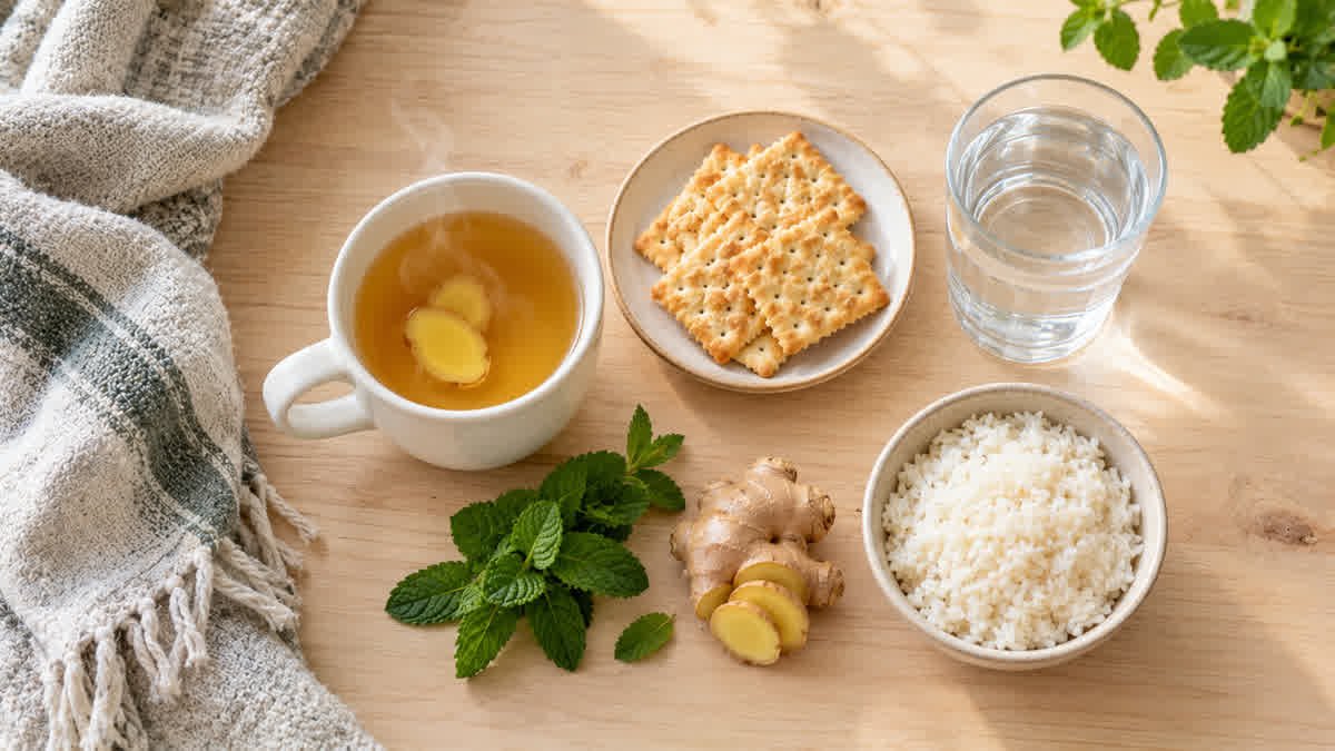 Ginger tea, plain crackers, and water representing simple home approaches that may ease nausea.