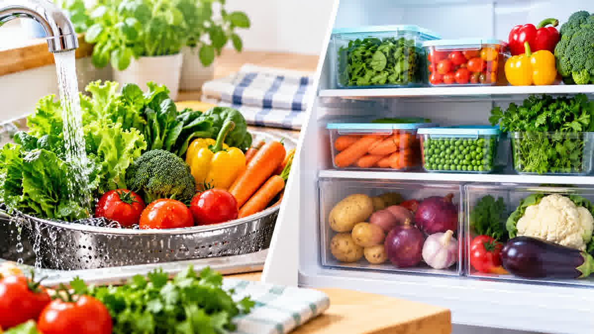 Fresh vegetables being rinsed under running water beside a refrigerator organized with fresh produce in storage containers.