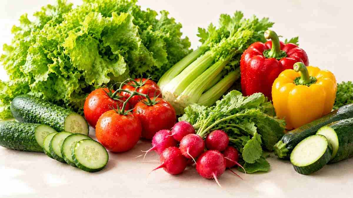 Fresh cucumber, lettuce, celery, tomatoes, radishes, and bell peppers rich in water.