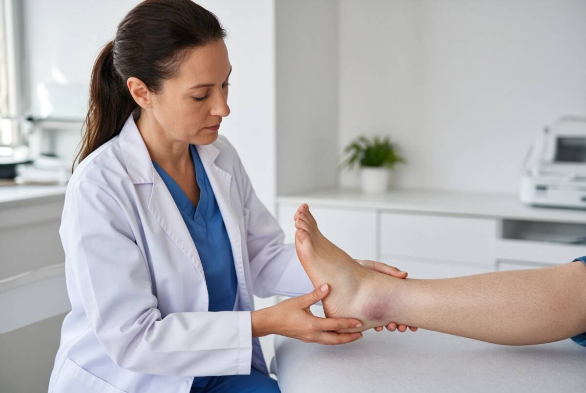 Healthcare professional examining an adult’s injured ankle for signs of a serious sprain.