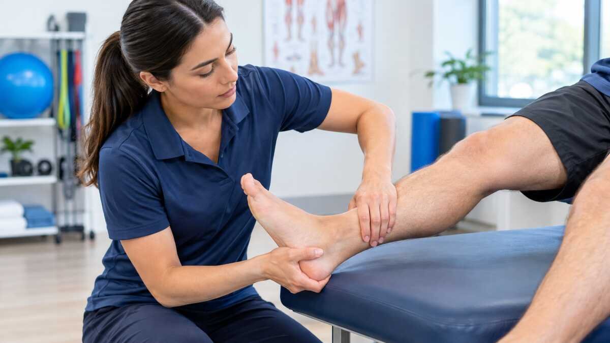 Physiotherapist assessing an adult's ankle mobility during an evaluation of ankle stability.