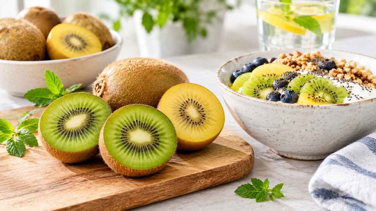 Fresh green and gold kiwi fruit served as part of a healthy meal