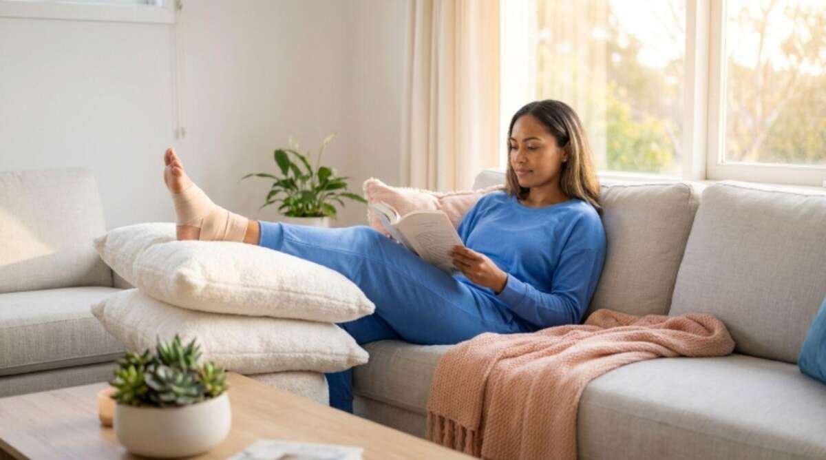 Adult resting at home with an ankle elevated on pillows during ankle sprain recovery.