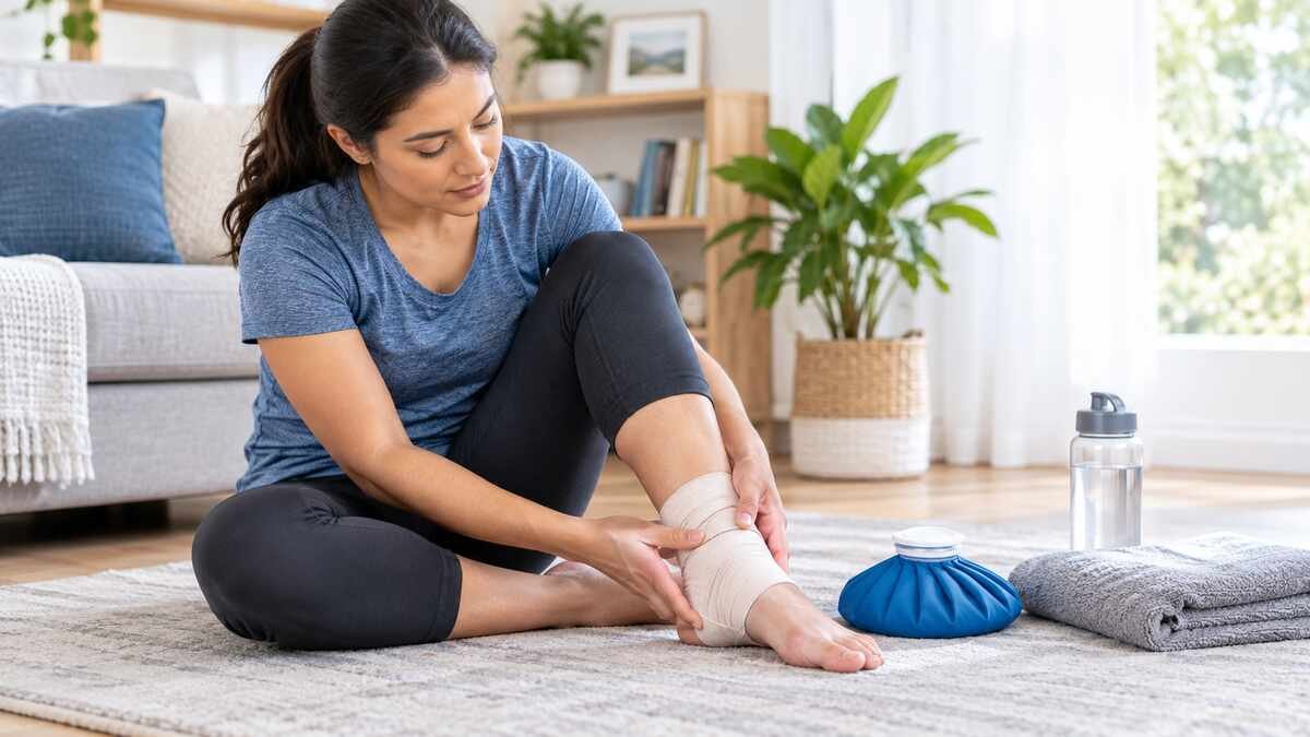 Adult supporting an injured ankle while managing a mild ankle sprain at home.