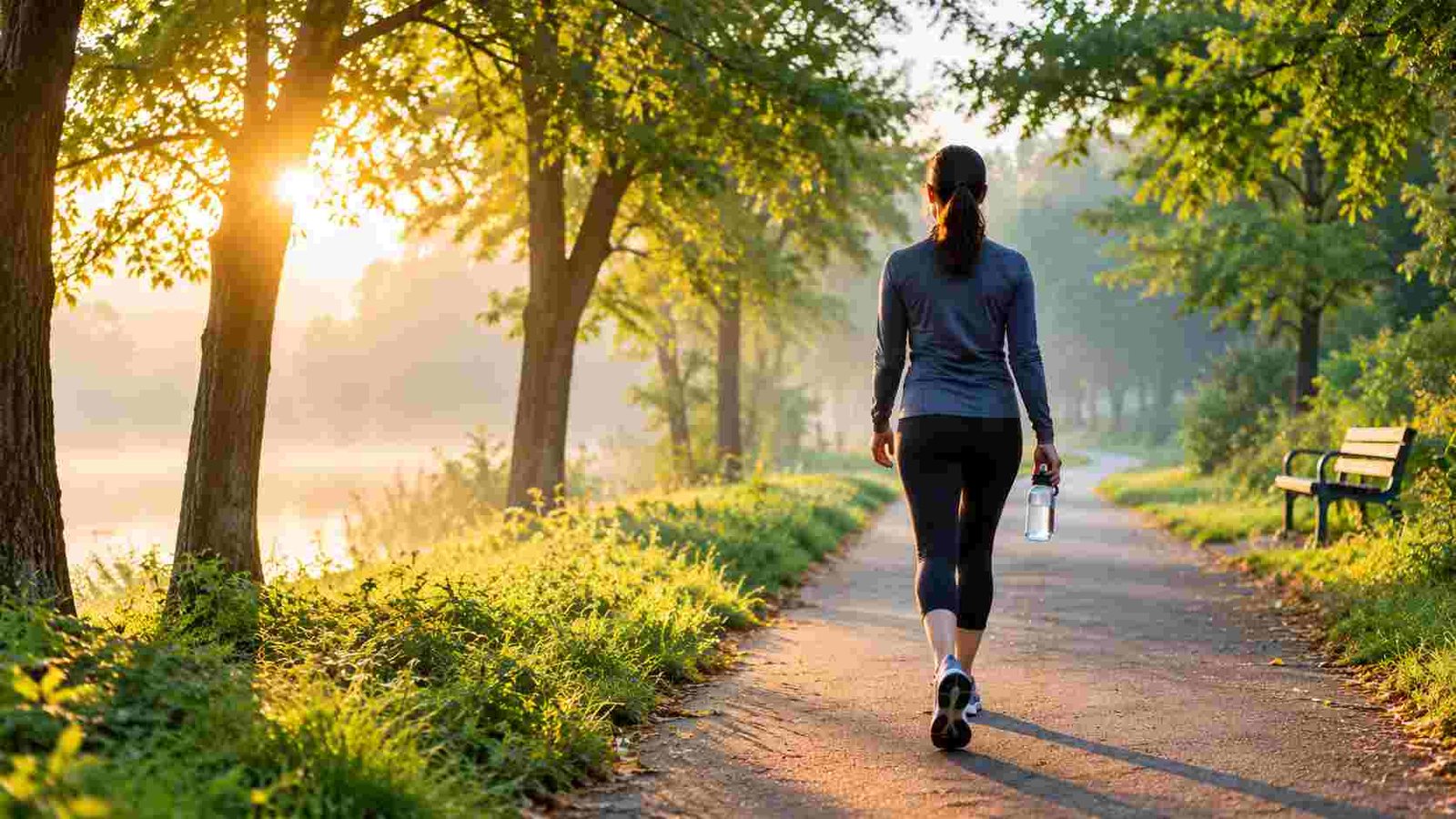 Person walking on a sunlit tree-lined path in the morning — health benefits of a daily morning walk for fitness and wellness.