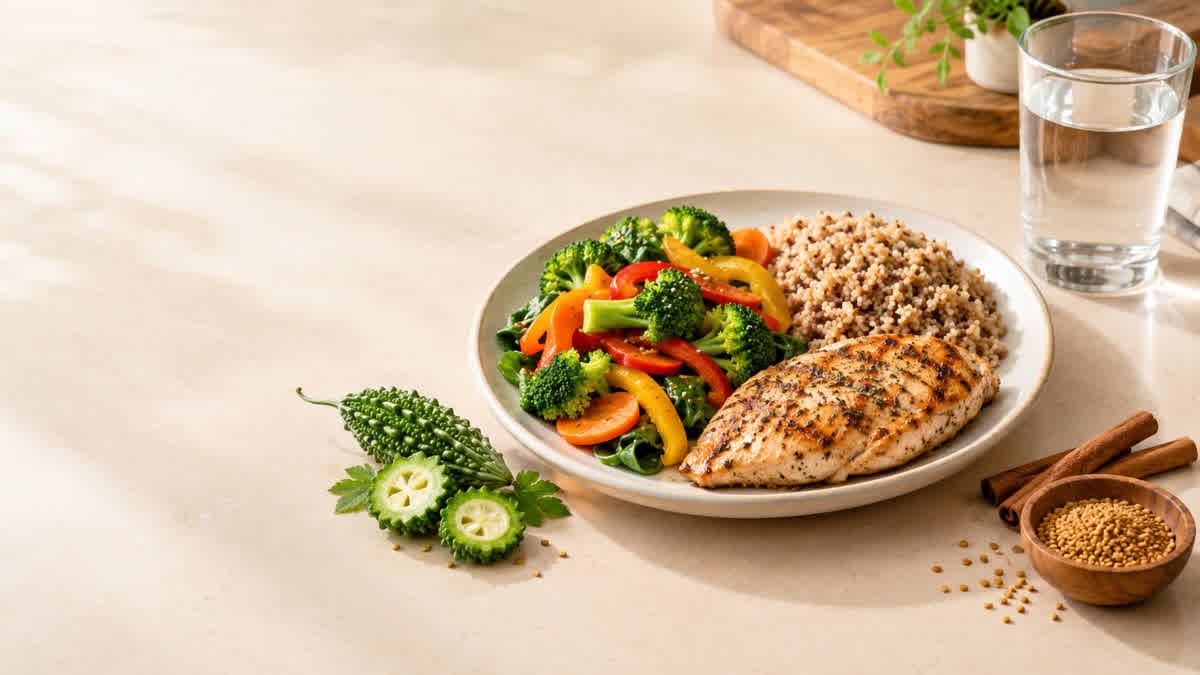 Balanced meal with vegetables, whole grains, water, and natural ingredients for an article about type 2 diabetes management