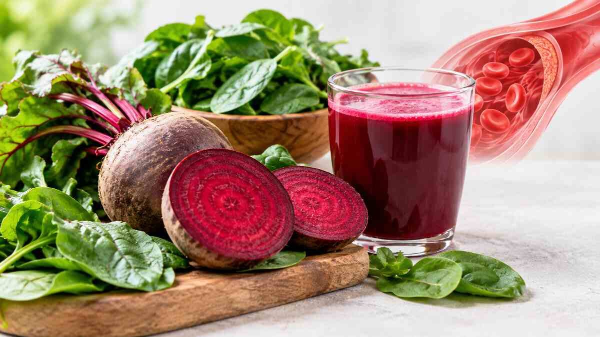 Fresh beetroot, spinach leaves, and beetroot juice illustrating nitrate-rich vegetables associated with healthy blood flow.