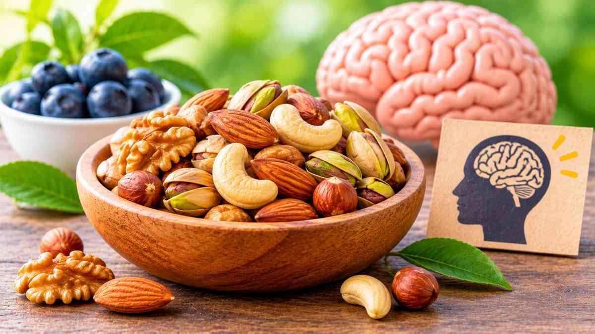 A selection of walnuts, almonds, pistachios, and hazelnuts arranged with fresh blueberries, highlighting nutrient-rich foods associated with brain health.