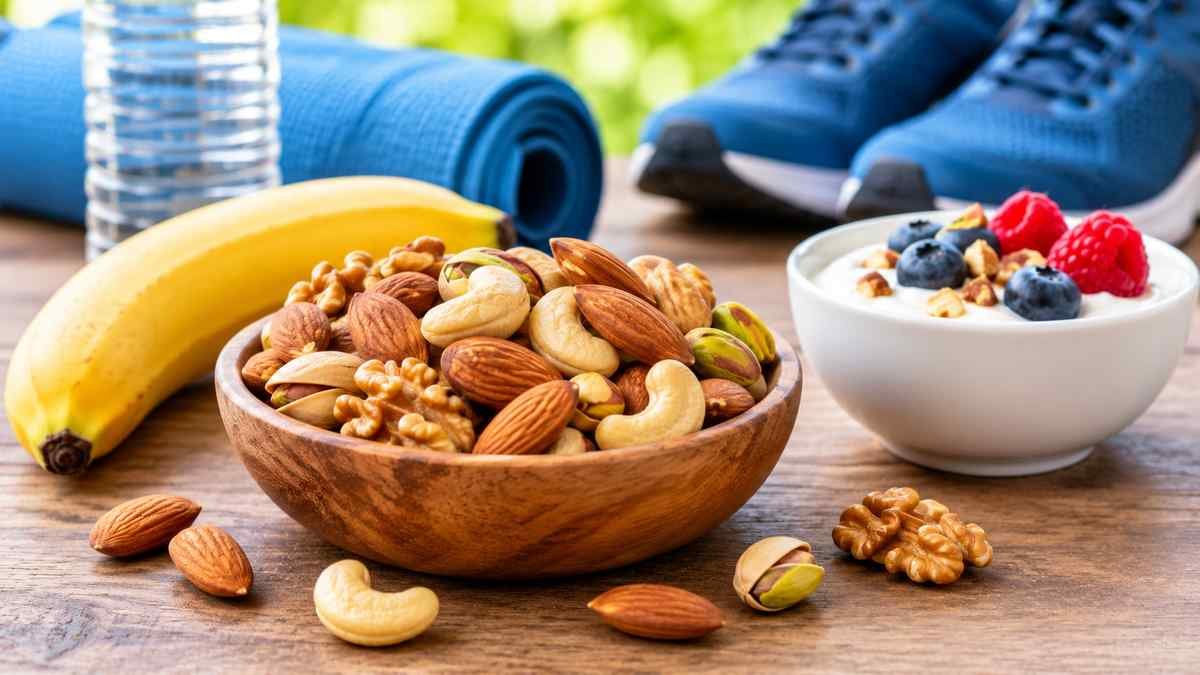 A bowl of mixed nuts with a banana and yogurt topped with berries, alongside fitness equipment for a healthy pre-workout and post-workout snack.