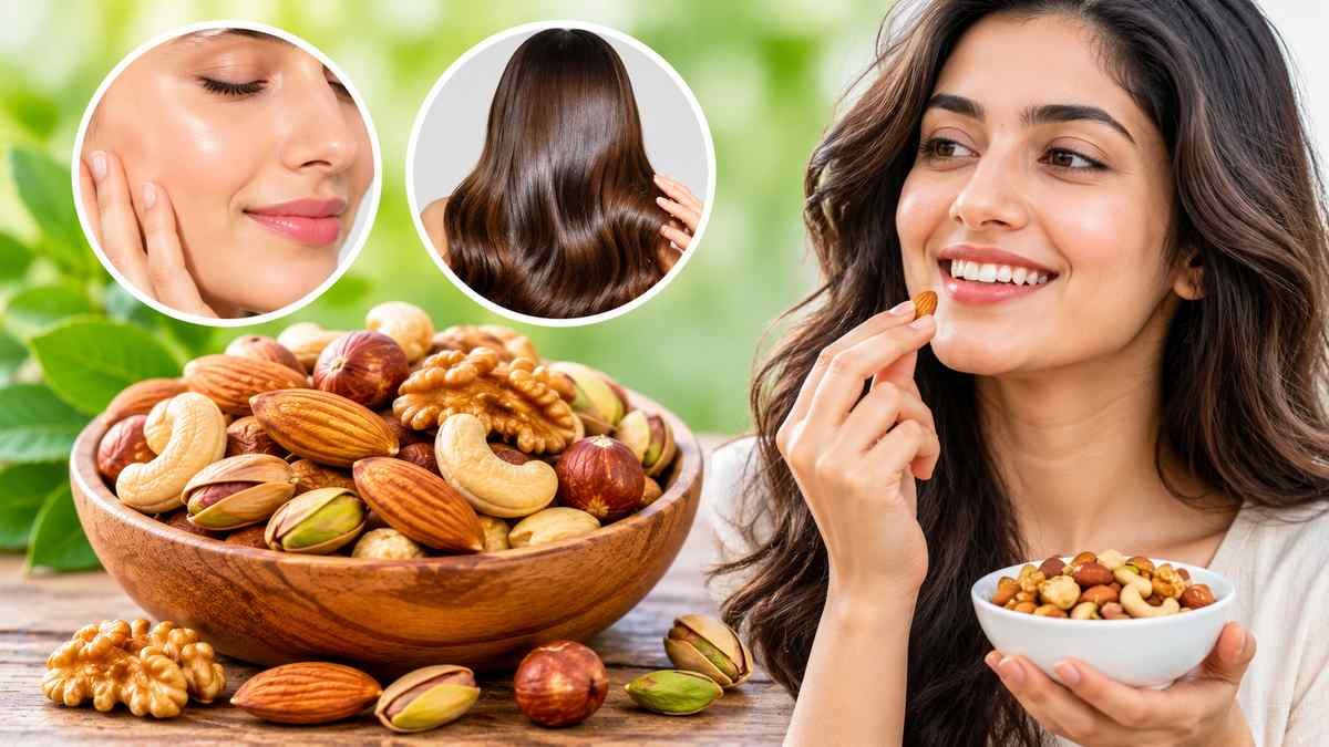 A woman eating an almond beside a bowl of mixed nuts.